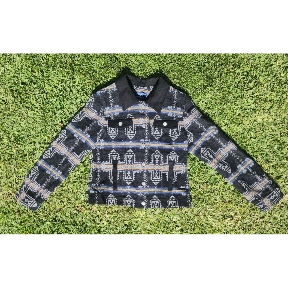 Pendleton Vintage Fit Blue Black Aztec Wool Jacket Size Medium Button Womans